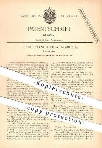 original Patent - J. Schenkenhofer in Hamburg , 1885 , Leukographie , Photographie , Fotografie , Fotograf , Lichtdruck