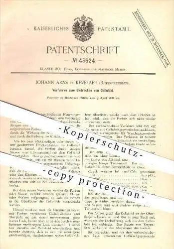 original Patent - Johann Arns in Kevelaer , Rheinpreussen , 1888 , Bedrucken von Celluloid , Druck , Druckerei , Stoffe