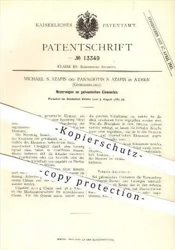 original Patent - Michael & Panagiotis S. Azapis in Athen , 1880 , galvanische Elemente , Strom , Elektrik , Bunsen !!!