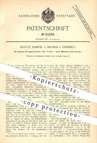 original Patent - August Hampel , Siegmar bei Chemnitz , 1894 , Bramah - Eingerichte für Türschloss , Möbelschloss , Tür