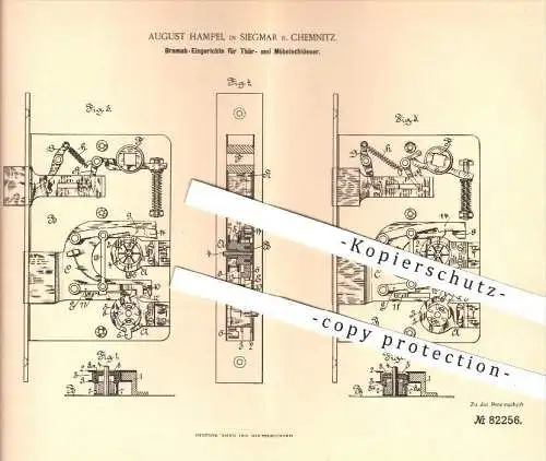 original Patent - August Hampel , Siegmar bei Chemnitz , 1894 , Bramah - Eingerichte für Türschloss , Möbelschloss , Tür