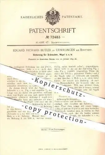 original Patent - E. R. Butler , Überlingen , Bodensee , 1893 , Sicherung für Schrauben , Nägel , Nagel , Dübel !!