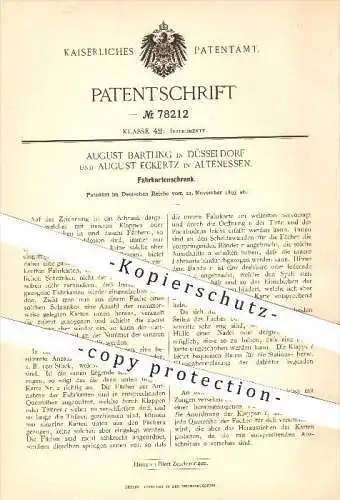 original Patent - Aug. Bartling / Düsseldorf , Aug. Eckertz / Altenessen , 1893 , Schrank für Fahrkarten , Schränke !!