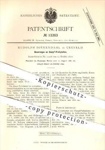 original Patent - Rudolph Dinnendahl in Krefeld , 1880 , Dampf - Pressplatten , Pressen , Appretur von Stoffen !!!