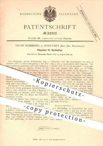 original Patent - F. Scheiding , Rossleben , 1882 , Pflugschar für Häufelpflug , Pflug , Pflüge , Landwirtschaft !!