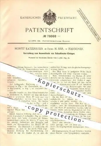 original Patent - Moritz Katzenstein , M. Bär in Hannover , 1894 , Auswechseln von Schaufenster - Einlagen , Dekorateur