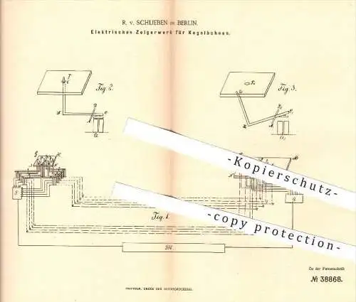 original Patent - R. v. Schlieben , Berlin , 1886 , Elektrisches Zeigerwerk für Kegelbahnen , Kegelbahn , Kegeln , Sport