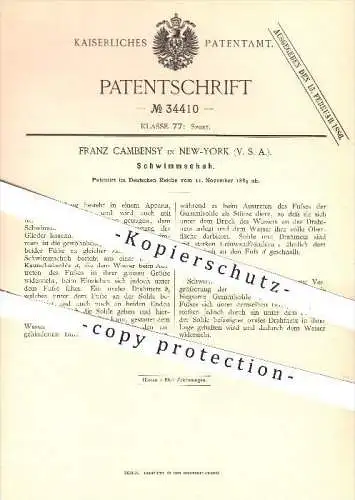 original Patent - Franz Cambensy in New York , USA , 1884 , Schwimmschuh , Schwimmen , Schuh , Schuhe , Sandalen , Sport