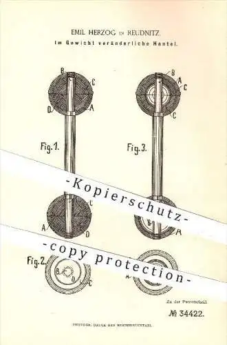 original Patent - E. Herzog , Reudnitz , 1885, Im Gewicht veränderliche Hantel , Hanteln , Gewichte , Sport , Kraftsport