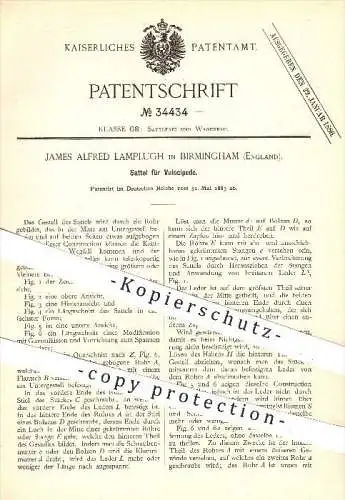 original Patent - James A. Lamplugh , Birmingham , England , 1885 , Sattel für Velocipede , Velociped , Fahrrad , Rad !!