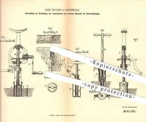 original Patent - Karl Brader in Oldenburg , 1887 , Façonstücke aus Moostorf für Rohrumhüllungen , Torf , Rohre !!