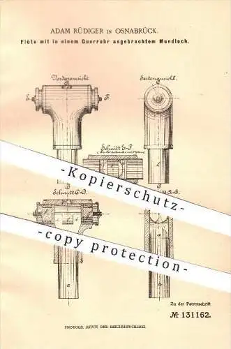 original Patent - Adam Rüdiger in Osnabrück , 1901 , Flöte mit Mundloch im Querrohr , Flöten , Musikinstrumente !!