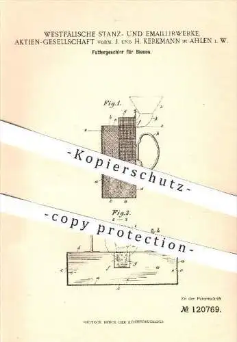 original Patent - Westfälische Stanz- u. Emaillierwerke AG , J. & H. Kerkmann , Ahlen , 1900 , Futtergeschirr für Bienen