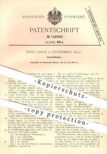 original Patent - Ernst Lange in Cronenberg , 1901 , Gewindefräser , Fräser , Fräsen , Gewinde , Schrauben , Metall !!!