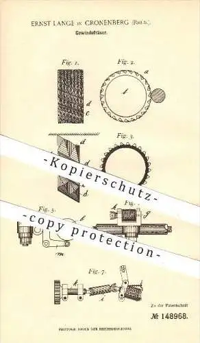 original Patent - Ernst Lange in Cronenberg , 1901 , Gewindefräser , Fräser , Fräsen , Gewinde , Schrauben , Metall !!!