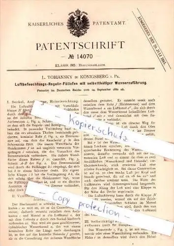 Original Patent  -  L. Tobiansky in Königsberg i. Pr. , 1880 , Heizungsanlagen !!!