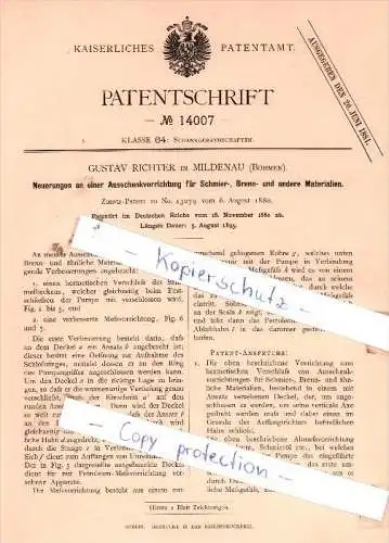 Original Patent  - Gustav Richter in Mildenau , Böhmen , 1880 , Schankgeräthschaften !!!