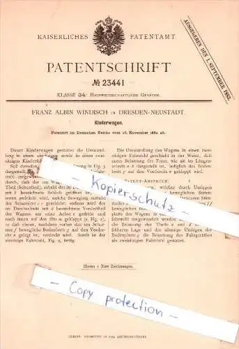 Original Patent  - Franz Albin Windisch in Dresden-Neustadt , 1882 , Kinderwagen !!!