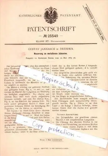 Original Patent  - Gustav Jannasch in Dresden , 1883 , Neuerung an Jalousien !!!