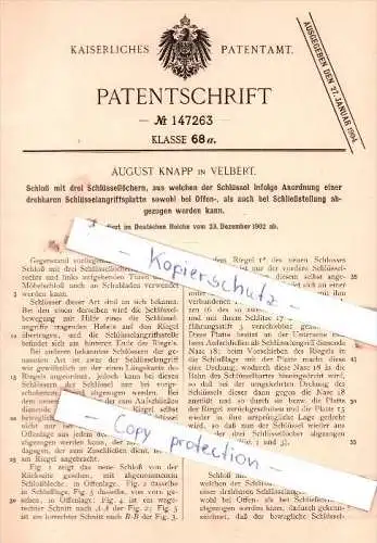 Original Patent  - August Knapp in Velbert , 1902 , Schloß mit drei Schlüssellöchern !!!