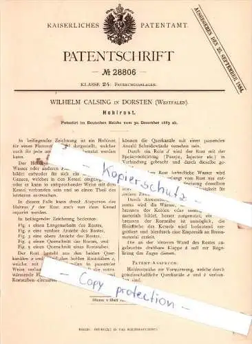 Original Patent  - Wilhelm Calsing in Dorsten , Westfalen , 1883 , Hohlrost !!!