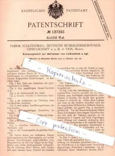 Original Patent  - Fabrik Stolzenberg , Deutsche Bureaueinrichtungsgesellschaft  in Oos , Baden , 1901 !!!