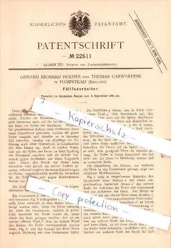 Original Patent  - Gibbard Hughes und T. Carwardine in Hampstead  , 1882 , Federhalter !!!