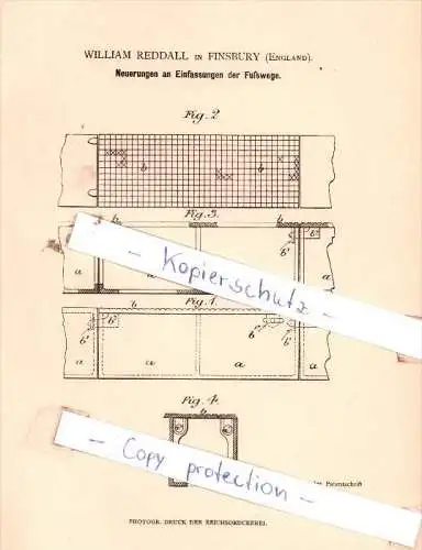 Original Patent  - William Reddall in Finsbury , England , 1881 , Einfassungen der Fußwege !!!