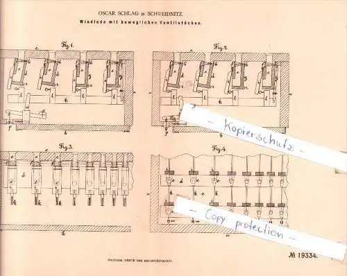 Original Patent  - Oscar Schlag in Schweidnitz / Swidnica i. Schlesien , 1881 , Windlade mit Ventilstöcken !!!