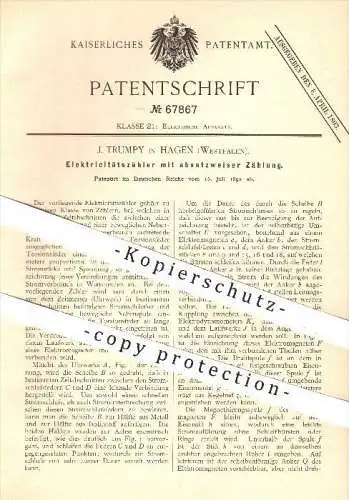 original Patent - J. Trumpy in Hagen , 1892 , Elektrizitätszähler , Stromzähler , Strom , Elektrizität , Zählwerk !!!