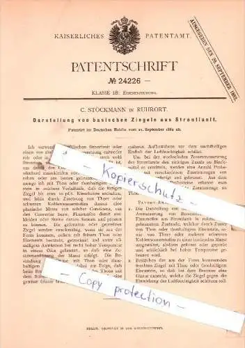 Original Patent - C. Stöckmann in Ruhrort , 1882 ,  Darstellung von Ziegeln aus Strontianit !!!