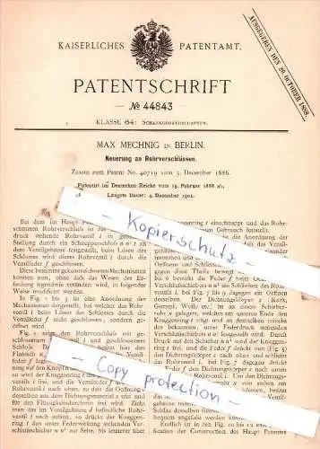 Original Patent - Max Mechnig in Berlin , 1888 ,  Neuerung an Rohrverschlüssen !!!