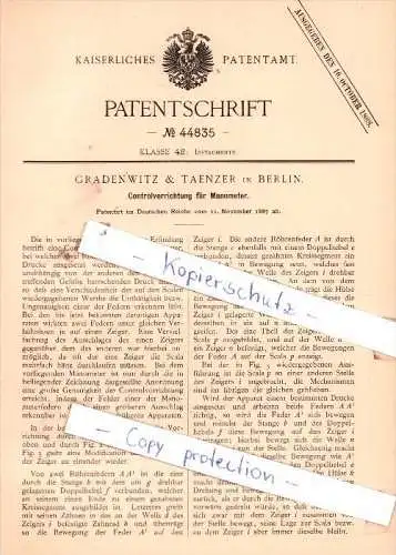 Original Patent - Gradenwitz & Taenzer in Berlin , 1887 ,  Controlvorrichtung für Manometer !!!