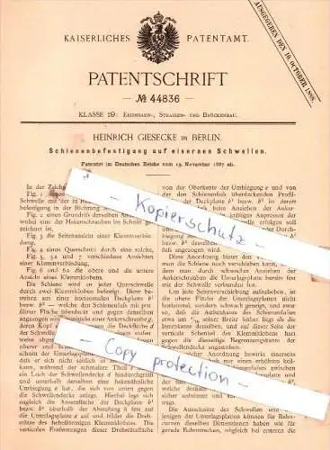 Original Patent - H. Giesecke in Berlin , 1887 , Schienenbefestigung auf eisernen Schwellen !!!