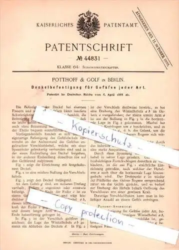 Original Patent - Potthoff & Golf in Berlin , 1888 , Deckelbefestigung für Gefäße jeder Art !!!