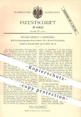 original Patent - Eduard Engels in Remscheid , 1881 , Befestigung am Schlittschuh , Schlittschuhe , Schuhe , Sport !!!