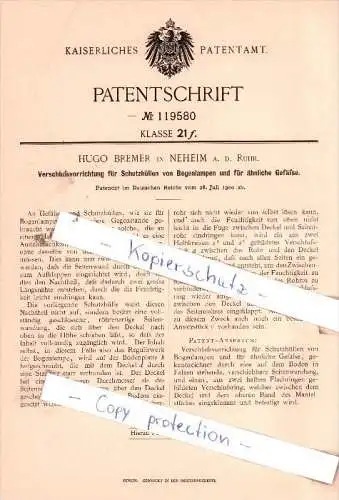 Original Patent - H. Bremer in Neheim a. d. Ruhr , 1900 , Verschlußvorrichtung für Schutzhüllen  !!!