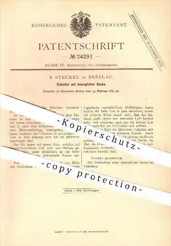 original Patent - B. Steckel in Breslau , 1883 , Eiskeller mit beweglicher Decke , Eis , Eisbereitung , Kühlung , Lager