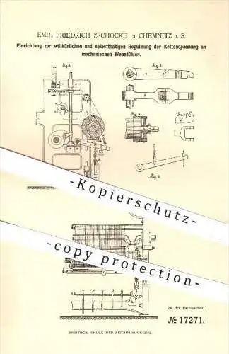 original Patent - Emil Friedrich Zschocke in Chemnitz , 1881 , Regulierung der Kettenspannung am Webstuhl , Weberei !!