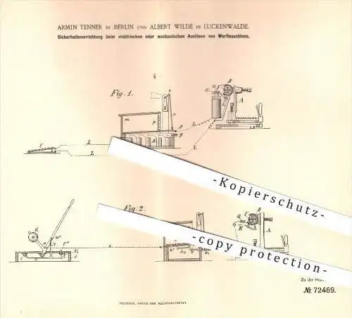 original Patent - A. Tenner - Berlin , A. Wilde - Luckenwalde , 1892 , Sicherung beim Auslösen von Wurfmaschinen , Sport