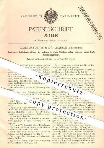 original Patent - Claes & Flentje , Mühlhausen , 1892 , Auslösbarer Antrieb für Arbeitsmaschinen , Maschinen , Werkzeuge