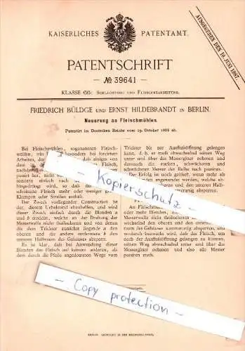 Original Patent - F. Büldge und E. Hildebrandt in Berlin , 1886 , Neuerung an Fleischmühlen !!!