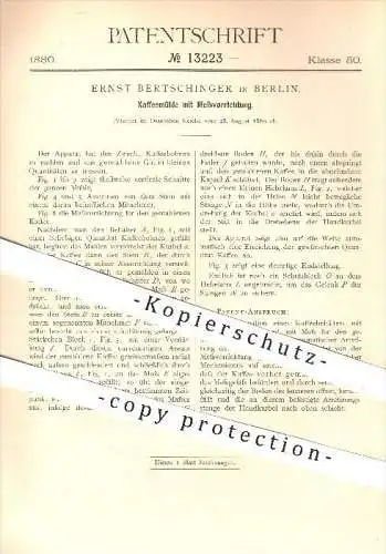 original Patent - Ernst Bertschinger in Berlin , 1880 , Kaffemühle mit Messvorrichtung , Kaffee , Mühle , Mühlen !!!