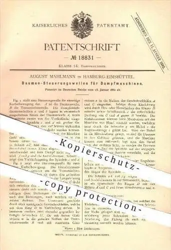 original Patent - August Mahlmann in Hamburg - Eimsbüttel , 1882 , Daumen - Steuerungswellen für Dampfmaschinen !!