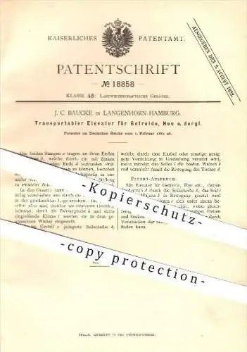 original Patent - J. C. Baucke , Langenhorn - Hamburg , 1882 , Elevator für Getreide , Heu , Stroh , Landwirtschaft