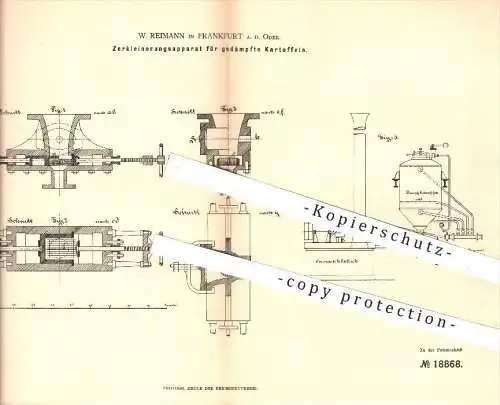 original Patent - W. Reimann in Frankfurt , Oder , 1881 , Zerkleinerungsapparat für gedämpfte Kartoffeln , Kartoffel !!!