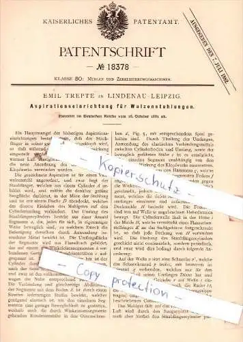 Original Patent - Emil Trepte in Lindenau-Leipzig , 1881 , Aspirationseinrichtung für Walzenstuhlungen !!!