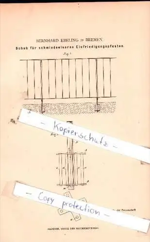 Original Patent -  Bernhard Ebeling in Bremen , 1881 , Schuh für Einfriedungspfosten !!!