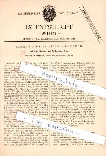 Original Patent - Johann Philipp Lipps in Dresden , 1881 , Universal-Maisch- und Aufhackmaschine !!!