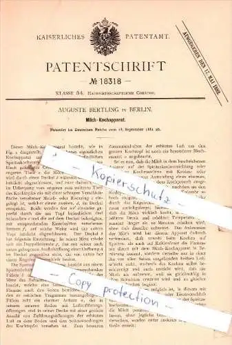 Original Patent - Auguste Bertling in Berlin , 1881 , Milch-Kochapparat !!!